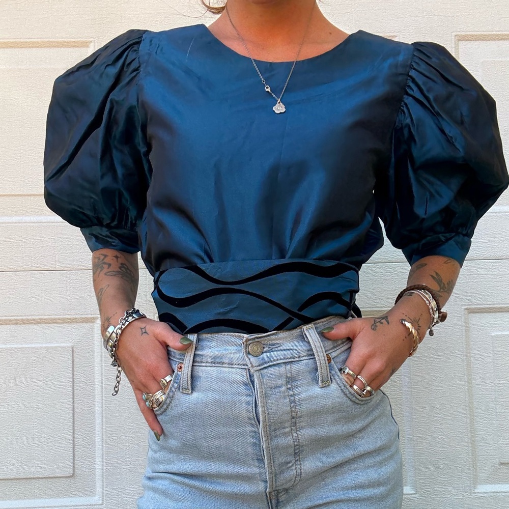 Vintage Puff Sleeve Teal Blouse Sz 4